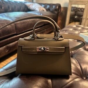 Tan Mini Bag with Top Handle and Flap Closure